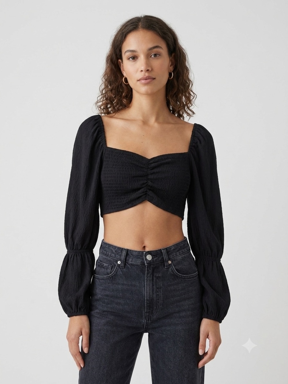 OAK + FORT Black Smocked Long Sleeve Crop Top